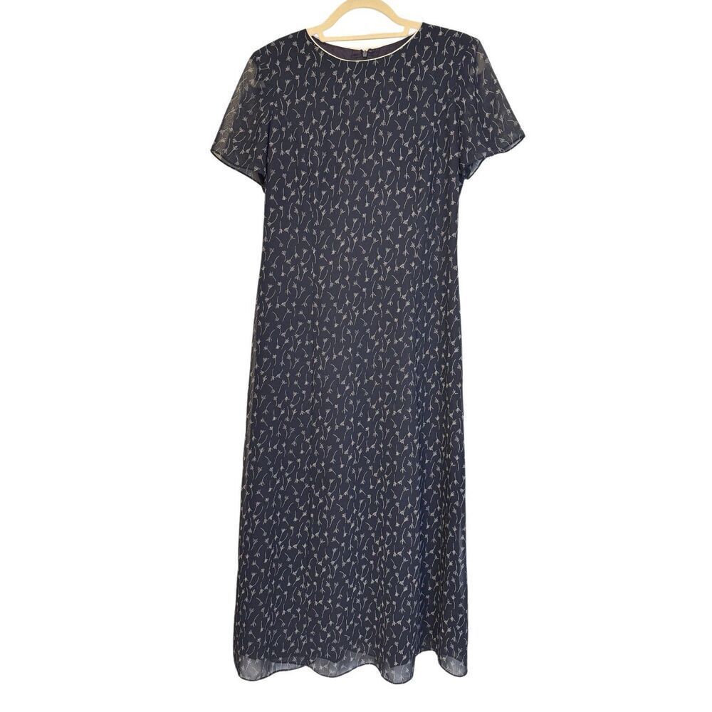 Talbots Sheath Dress Sz. 6 Navy Blue w/Floral Print Sheer Overlay Vtg